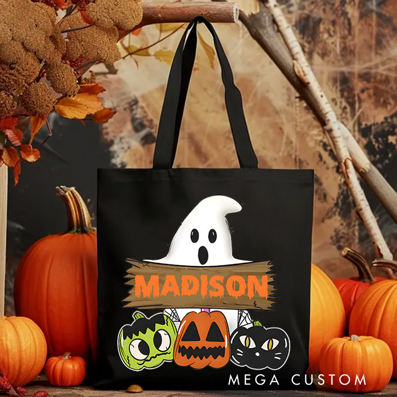 【🔥Big Sale🔥】Personalized Ghost and Pumpkin Illustration Featuring Name for a Cute and Festive Halloween Accent Tote Bag