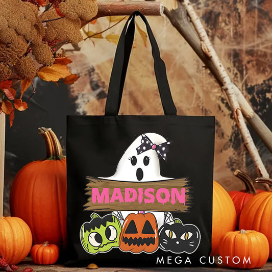 【🔥Big Sale🔥】Personalized Ghost and Pumpkin Illustration Featuring Name with Playful Details for a Halloween Celebration Tote Bag