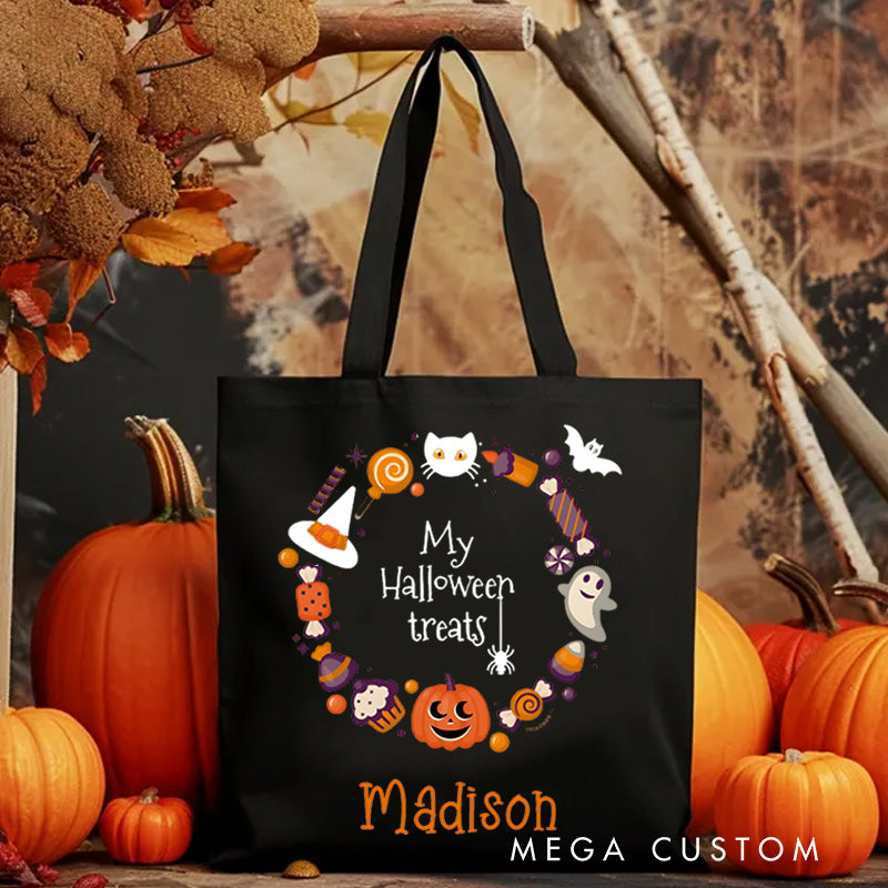 【🔥Big Sale🔥】Personalized Halloween Treat Wreath Featuring Pumpkins Ghosts and Cats for a Festive Celebration Tote Bag