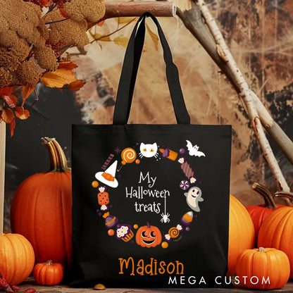 【🔥Big Sale🔥】Personalized Halloween Treat Wreath Featuring Pumpkins Ghosts and Cats for a Festive Celebration Tote Bag