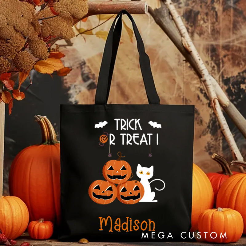 【🔥Big Sale🔥】Personalized Trick or Treat Featuring Pumpkins Cats and Bats for a Fun Halloween Accent Tote Bag
