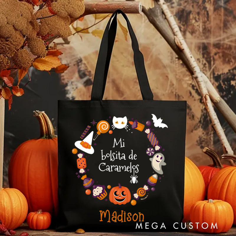 【🔥Big Sale🔥】Personalized Halloween Treat Wreath Featuring Candy Pumpkins and Cats for a Festive Celebration Tote Bag