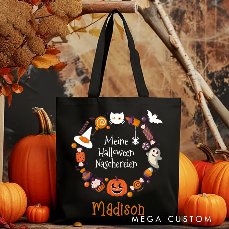 【🔥Big Sale🔥】Personalized Halloween Treat Wreath Featuring Pumpkins Candy and Cats for a Festive Celebration Tote Bag