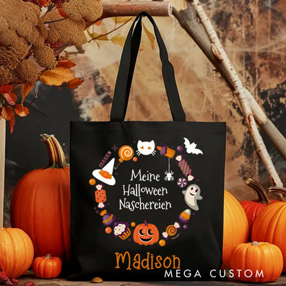 【🔥Big Sale🔥】Personalized Halloween Treat Wreath Featuring Pumpkins Candy and Cats for a Festive Celebration Tote Bag