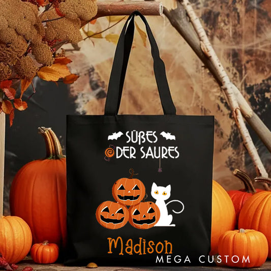 【🔥Big Sale🔥】Personalized Trick or Treat Featuring Pumpkins Cats and Ghosts for a Fun Halloween Accent Tote Bag