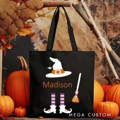 【🔥Big Sale🔥】Personalized Witch Hat and Broom Featuring Name for a Fun Halloween Celebration Tote Bag