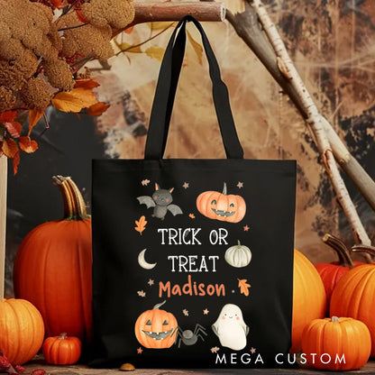 【🔥Big Sale🔥】Personalized Trick or Treat Featuring Pumpkins Ghosts and Name for a Festive Halloween Accent Tote Bag