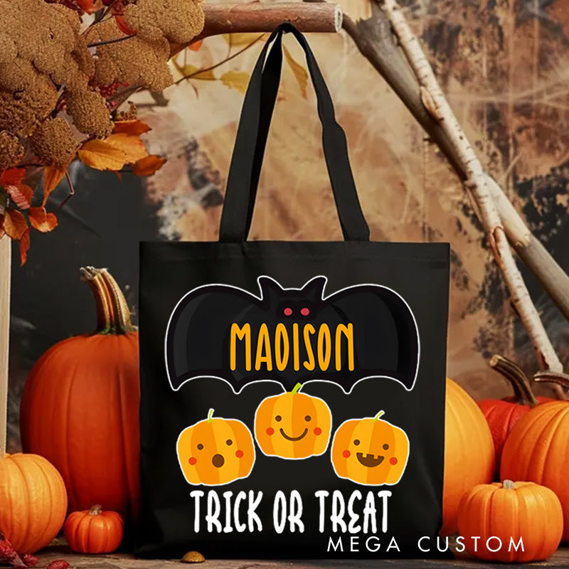 【🔥Big Sale🔥】Personalized Bat and Pumpkin Featuring Name for a Spooky and Playful Trick or Treat Tote Bag