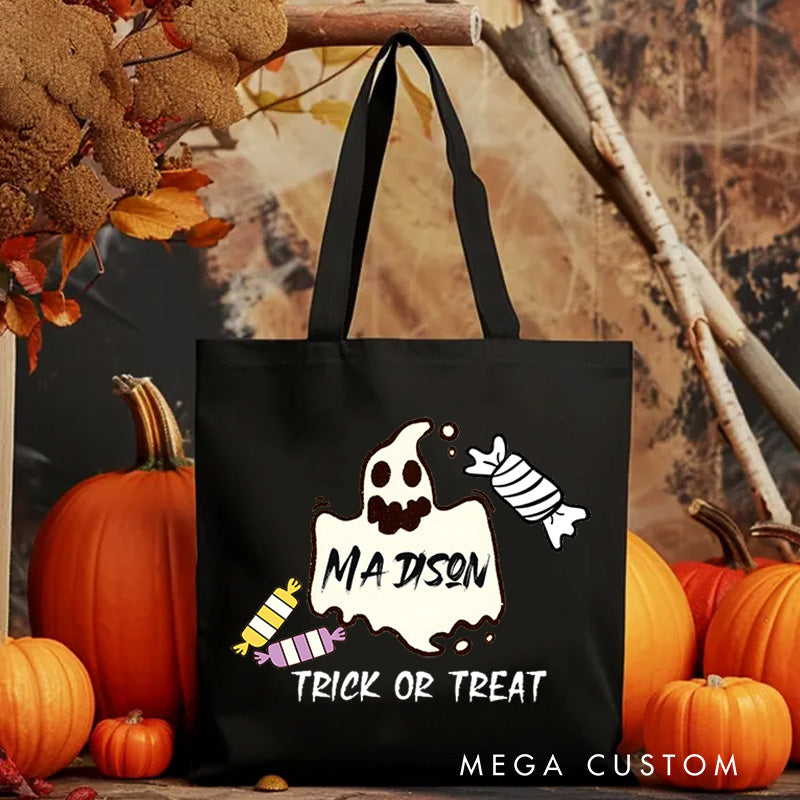 【🔥Big Sale🔥】Personalized Ghost Featuring Name and Candy Accents for a Festive Halloween Celebration Tote Bag