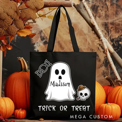 【🔥Big Sale🔥】Personalized Ghost Featuring Name and Skull Accents for a Cute Halloween Celebration Tote Bag