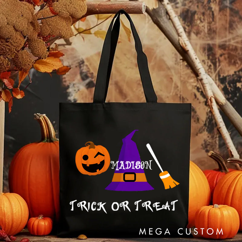 【🔥Big Sale🔥】Personalized Witch Hat and Pumpkin Featuring Name for a Festive Halloween Accent Tote Bag