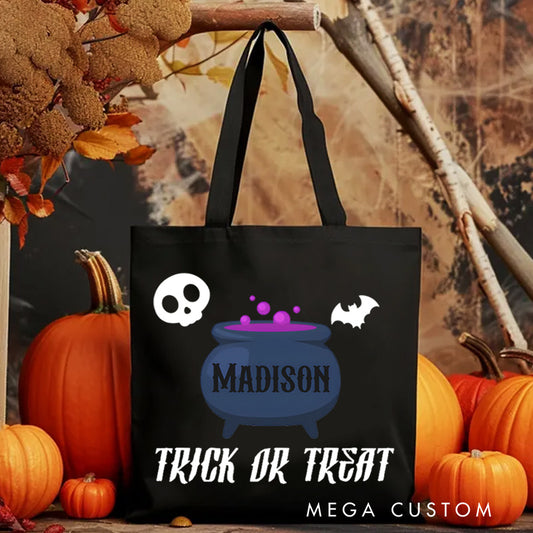 【🔥Big Sale🔥】Personalized Cauldron Featuring Name and Halloween Symbols for a Spooky Trick or Treat Tote Bag