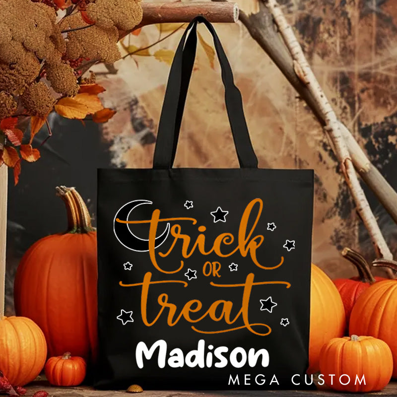 【🔥Big Sale🔥】Personalized Trick or Treat Featuring Moon Stars and Name for a Magical Halloween Accent Tote Bag