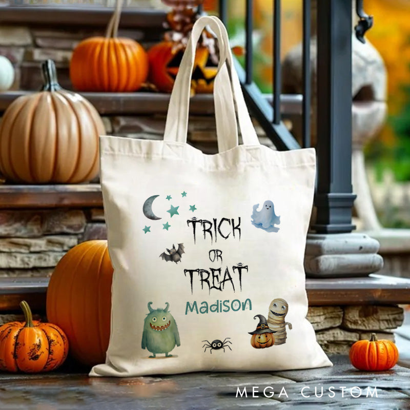 【🔥Big Sale🔥】Personalized Trick or Treat Illustration Featuring Monster Ghost and Name for a Fun Halloween Celebration Tote Bag