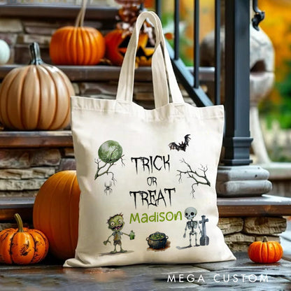 【🔥Big Sale🔥】Personalized Trick or Treat Illustration Featuring Skeleton Bat and Name for a Creepy Halloween Decoration Tote Bag