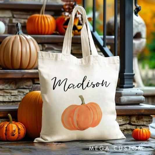 【🔥Big Sale🔥】Personalized Pumpkin Illustration Featuring Name for a Festive and Autumn Inspired Halloween Accent Tote Bag