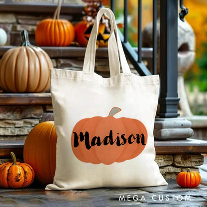 【🔥Big Sale🔥】Personalized Pumpkin Illustration Featuring Name with Bold Lettering for a Fun Halloween Celebration Tote Bag