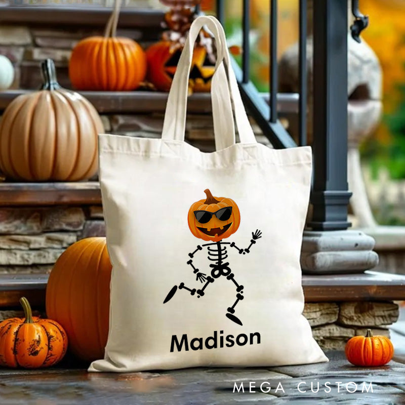 【🔥Big Sale🔥】Personalized Skeleton Illustration with Pumpkin Head Featuring Name for a Playful Halloween Accent Tote Bag