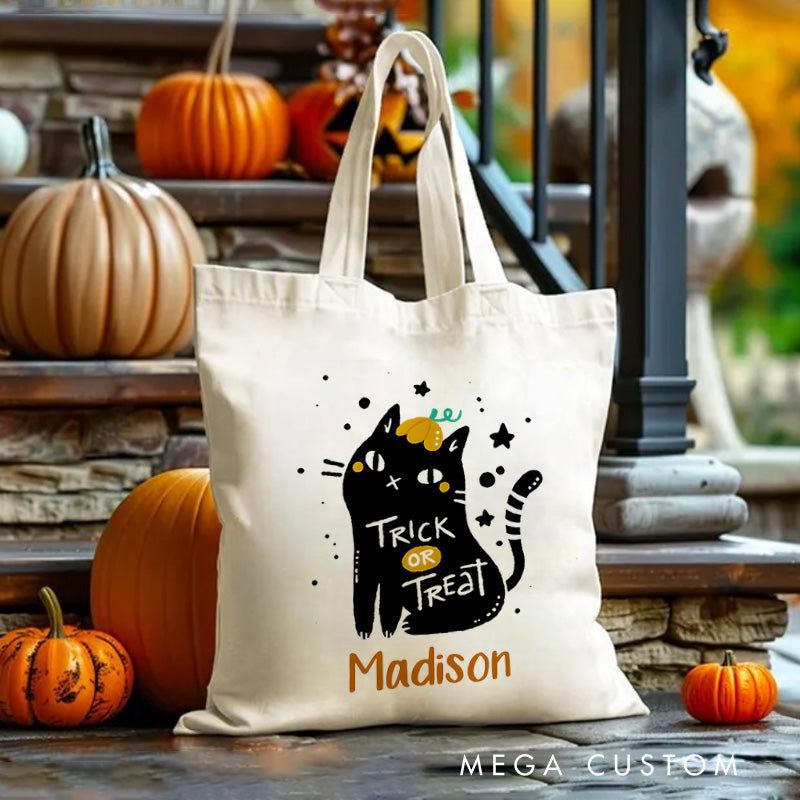 【🔥Big Sale🔥】Personalized Black Cat Trick or Treat Illustration Featuring Name for a Cute and Spooky Halloween Accent Tote Bag