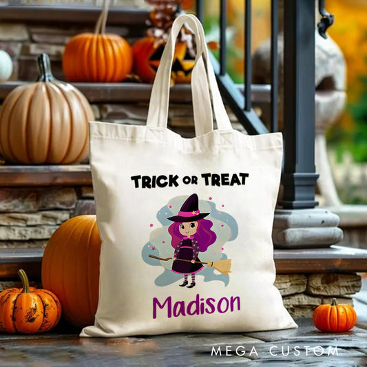 【🔥Big Sale🔥】Personalized Witch Trick or Treat Illustration Featuring Name for a Fun and Spooky Halloween Celebration Tote Bag