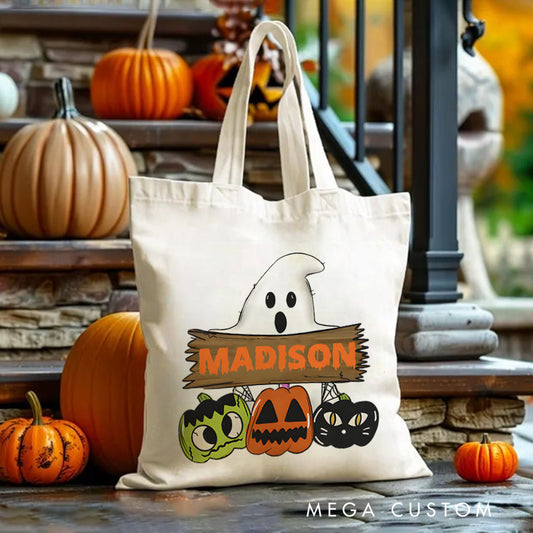 【🔥Big Sale🔥】Personalized Ghost and Pumpkin Illustration Featuring Name for a Cute and Festive Halloween Accent Tote Bag
