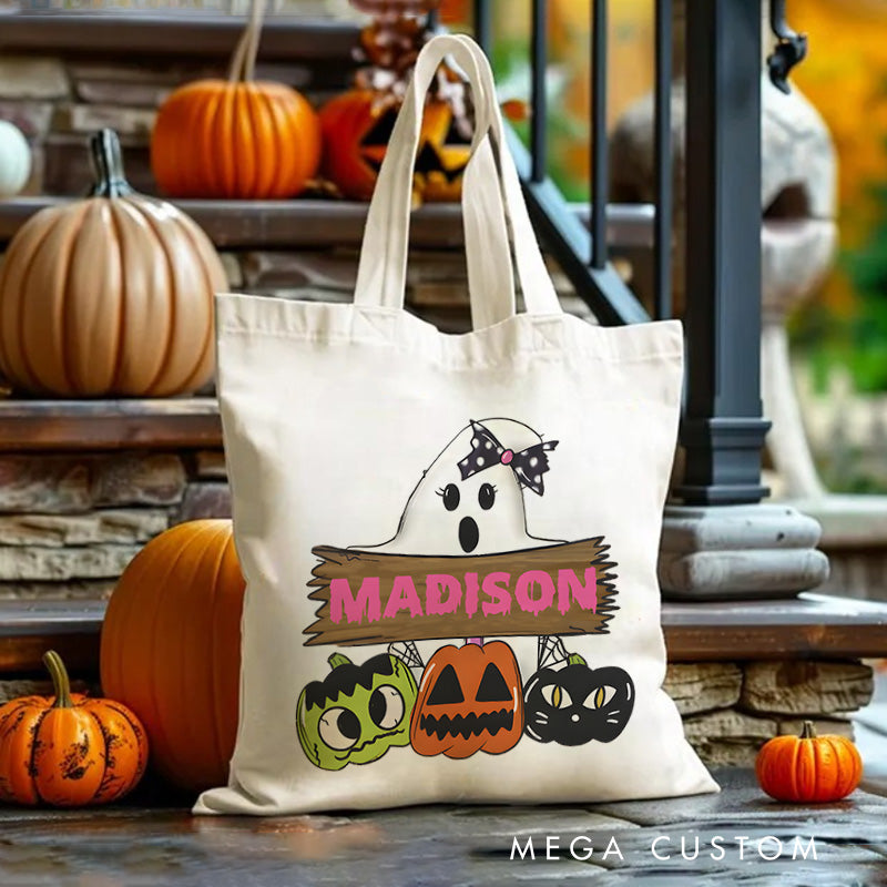 【🔥Big Sale🔥】Personalized Ghost and Pumpkin Illustration Featuring Name with Playful Details for a Halloween Celebration Tote Bag
