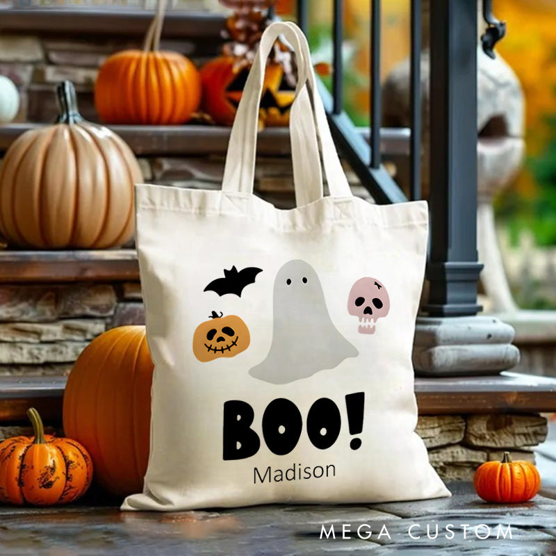 【🔥Big Sale🔥】Personalized Boo Ghost Illustration Featuring Name for a Fun and Spooky Halloween Decoration Tote Bag