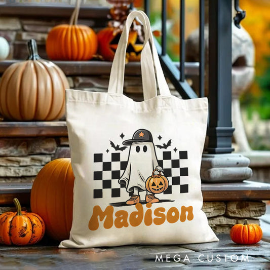 【🔥Big Sale🔥】Personalized Ghost and Checkered Pattern Illustration Featuring Name for a Unique Halloween Accent Tote Bag