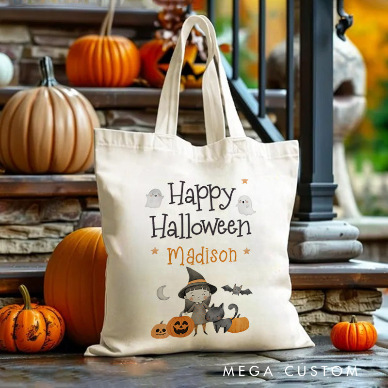 【🔥Big Sale🔥】Personalized Happy Halloween Illustration Featuring Ghosts Pumpkins and Name for a Delightful Halloween Accent Tote Bag