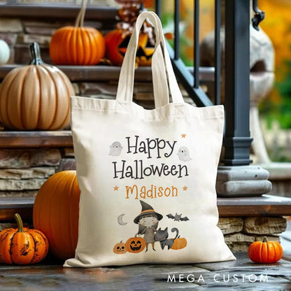 【🔥Big Sale🔥】Personalized Happy Halloween Illustration Featuring Ghosts Pumpkins and Name for a Delightful Halloween Accent Tote Bag