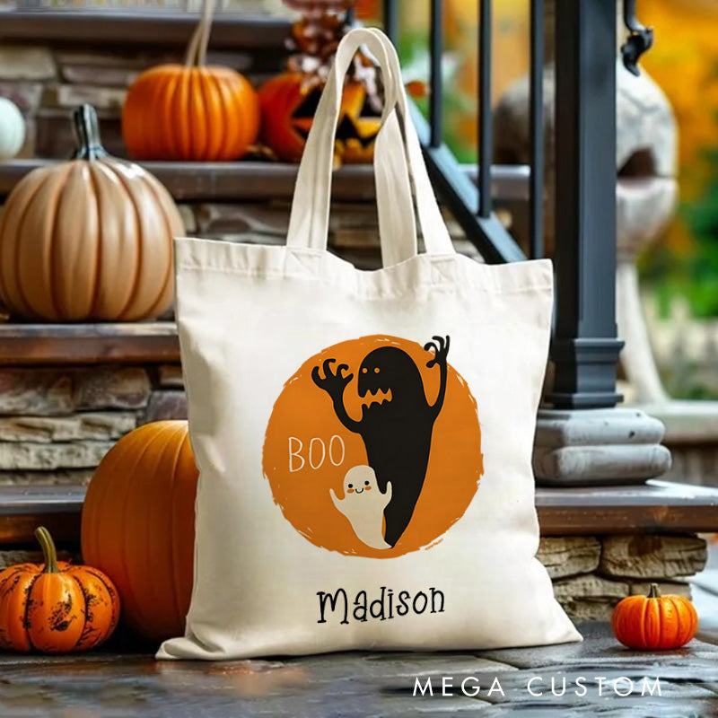 【🔥Big Sale🔥】Personalized Boo Ghost Illustration Featuring Name with Orange Background for a Fun Halloween Celebration Tote Bag