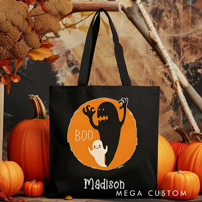 【🔥Big Sale🔥】Personalized Boo Ghost Illustration Featuring Name with Orange Background for a Fun Halloween Celebration Tote Bag