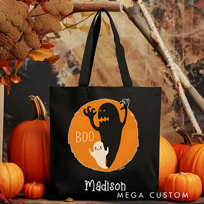【🔥Big Sale🔥】Personalized Boo Ghost Illustration Featuring Name with Orange Background for a Fun Halloween Celebration Tote Bag