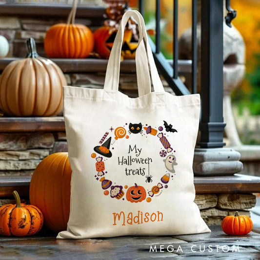 【🔥Big Sale🔥】Personalized Halloween Treat Wreath Featuring Pumpkins Ghosts and Cats for a Festive Celebration Tote Bag