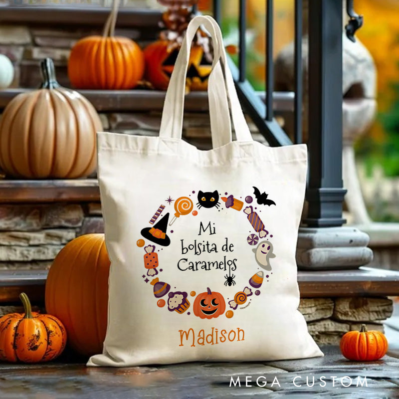 【🔥Big Sale🔥】Personalized Halloween Treat Wreath Featuring Candy Pumpkins and Cats for a Festive Celebration Tote Bag