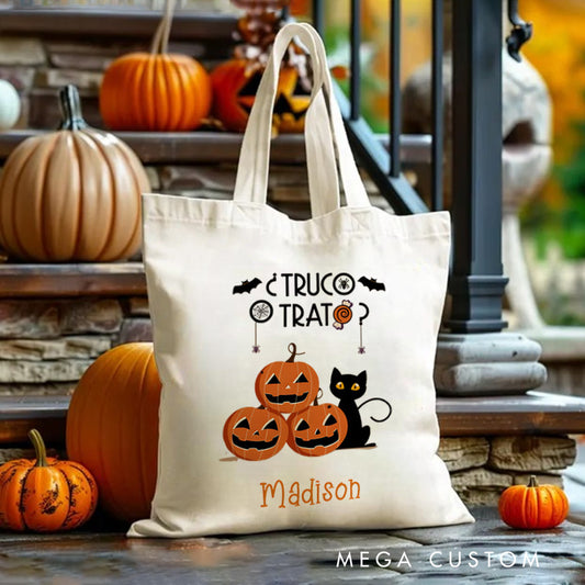 【🔥Big Sale🔥】Personalized Trick or Treat Featuring Pumpkins and Cats for a Fun Halloween Celebration Tote Bag