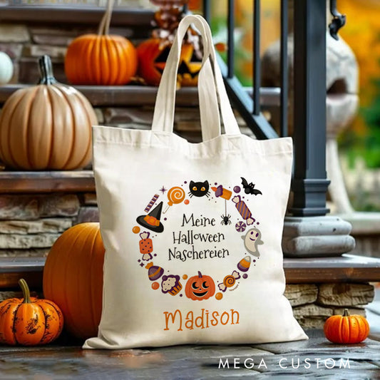 【🔥Big Sale🔥】Personalized Halloween Treat Wreath Featuring Pumpkins Candy and Cats for a Festive Celebration Tote Bag