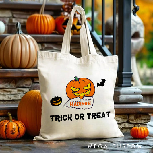 【🔥Big Sale🔥】Personalized Pumpkin Head Featuring Name for a Fun and Spooky Trick or Treat Tote Bag