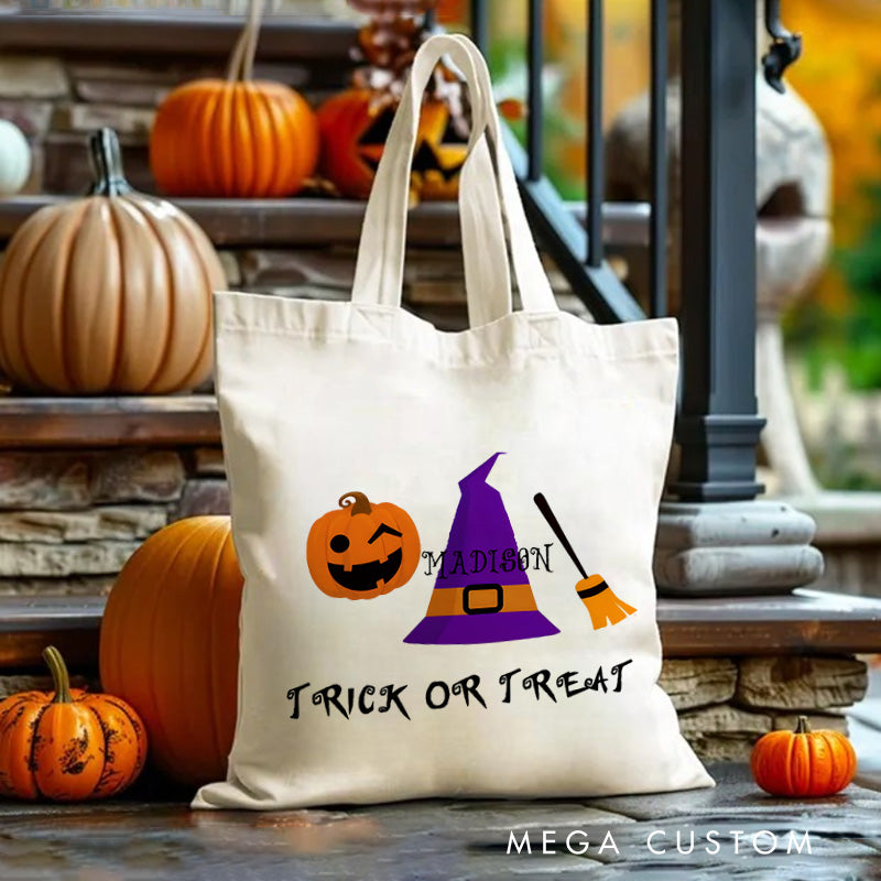 【🔥Big Sale🔥】Personalized Witch Hat and Pumpkin Featuring Name for a Festive Halloween Accent Tote Bag