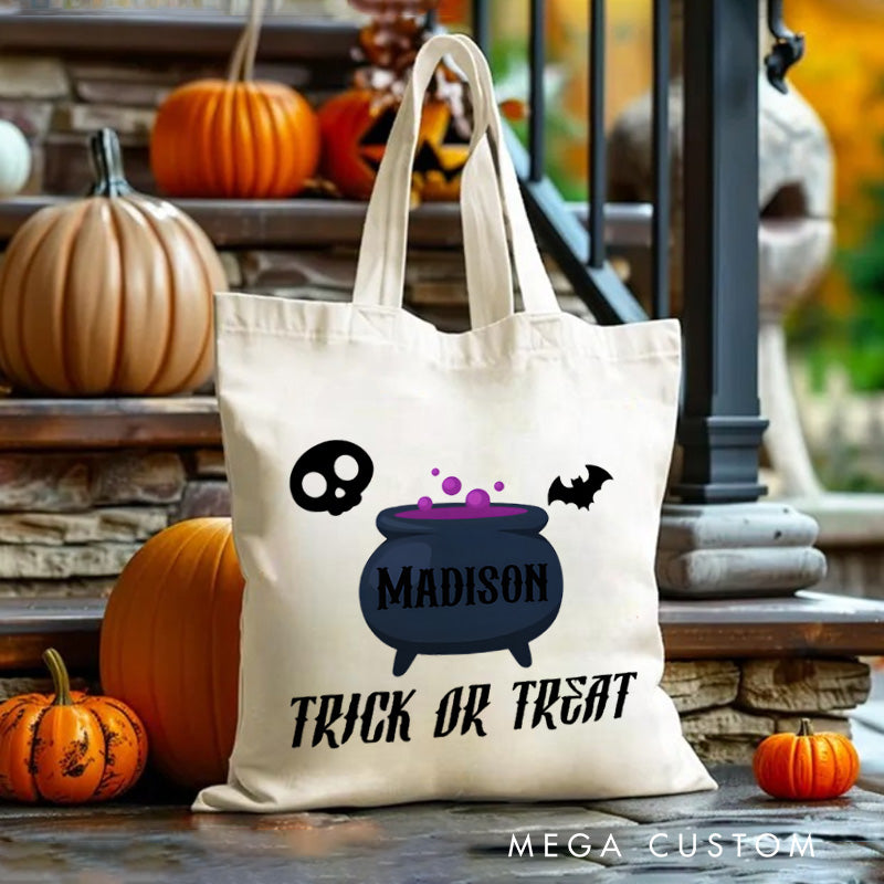 【🔥Big Sale🔥】Personalized Cauldron Featuring Name and Halloween Symbols for a Spooky Trick or Treat Tote Bag