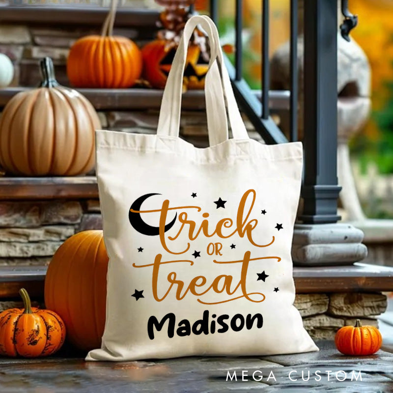 【🔥Big Sale🔥】Personalized Trick or Treat Featuring Moon Stars and Name for a Magical Halloween Accent Tote Bag