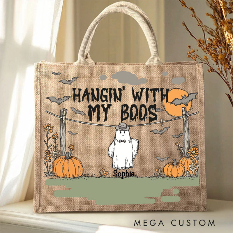 【🔥Big Sale🔥】Personalized Hangin With My Boos Pumpkin Ghost Jute Bag with Names Halloween Party Gift for Boys Girls