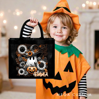 【🔥Big Sale🔥】Personalized Floral Ghost Black Linen Tote Bag with Name Halloween Party Gift for Boys Girls