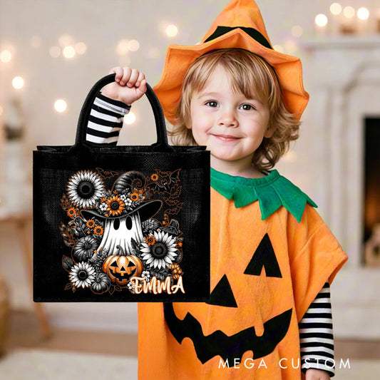 【🔥Big Sale🔥】Personalized Floral Ghost Black Linen Tote Bag with Name Halloween Party Gift for Boys Girls