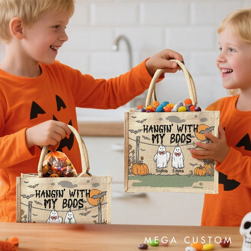【🔥Big Sale🔥】Personalized Hangin With My Boos Pumpkin Ghost Jute Bag with Names Halloween Party Gift for Boys Girls