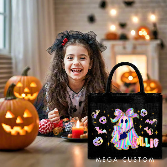 【🔥Big Sale🔥】Personalized Laser Style Cartoon Bow Ghost Skull Bat Large Linen Tote Bag with Name Trick or Treat Halloween Party Gift for Kids