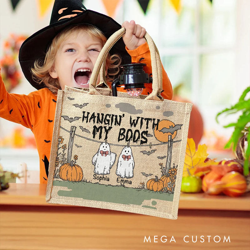 【🔥Big Sale🔥】Personalized Hangin With My Boos Pumpkin Ghost Jute Bag with Names Halloween Party Gift for Boys Girls