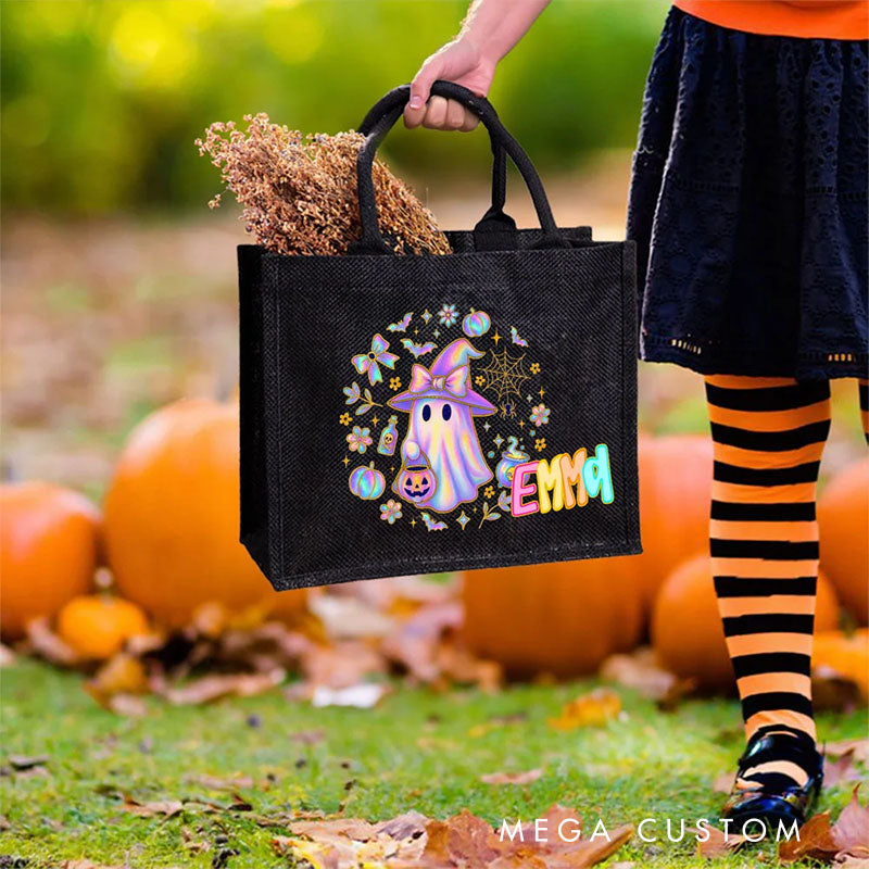 【🔥Big Sale🔥】Personalized Laser Style Cartoon Bow Ghost Skull Bat Large Linen Tote Bag with Name Trick or Treat Halloween Party Gift for Kids