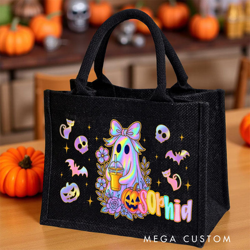【🔥Big Sale🔥】Personalized Laser Style Cartoon Bow Ghost Skull Bat Large Linen Tote Bag with Name Trick or Treat Halloween Party Gift for Kids