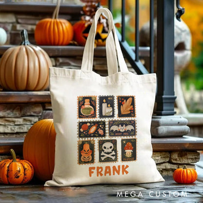 【🔥Big Sale🔥】Personalized Autumn Stamps Canvas Tote Bag with Name Halloween Stamps Tote Trick or Treat Bag Ghouls Gift